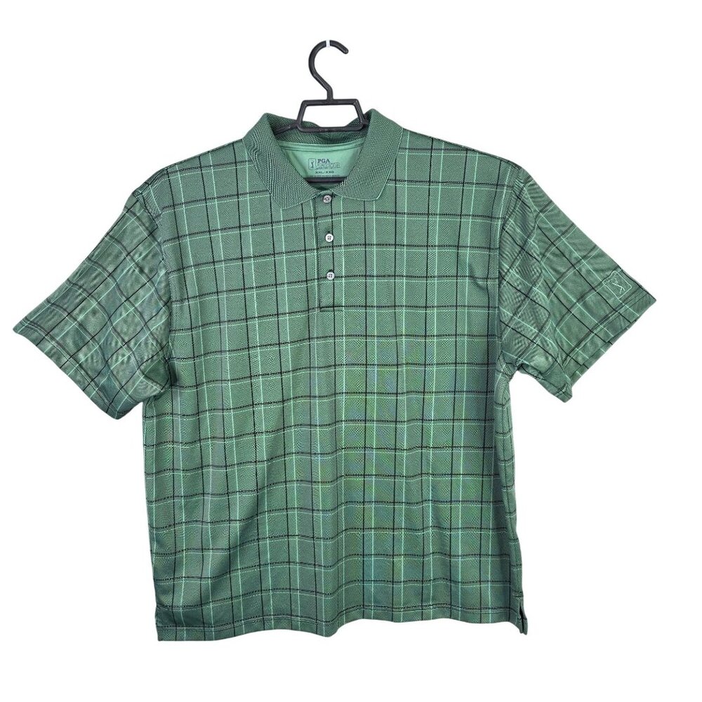 Mens PGA Tour Green Black Plaid Golf Polo Shirt Short Sleeve Polyester Size XXL